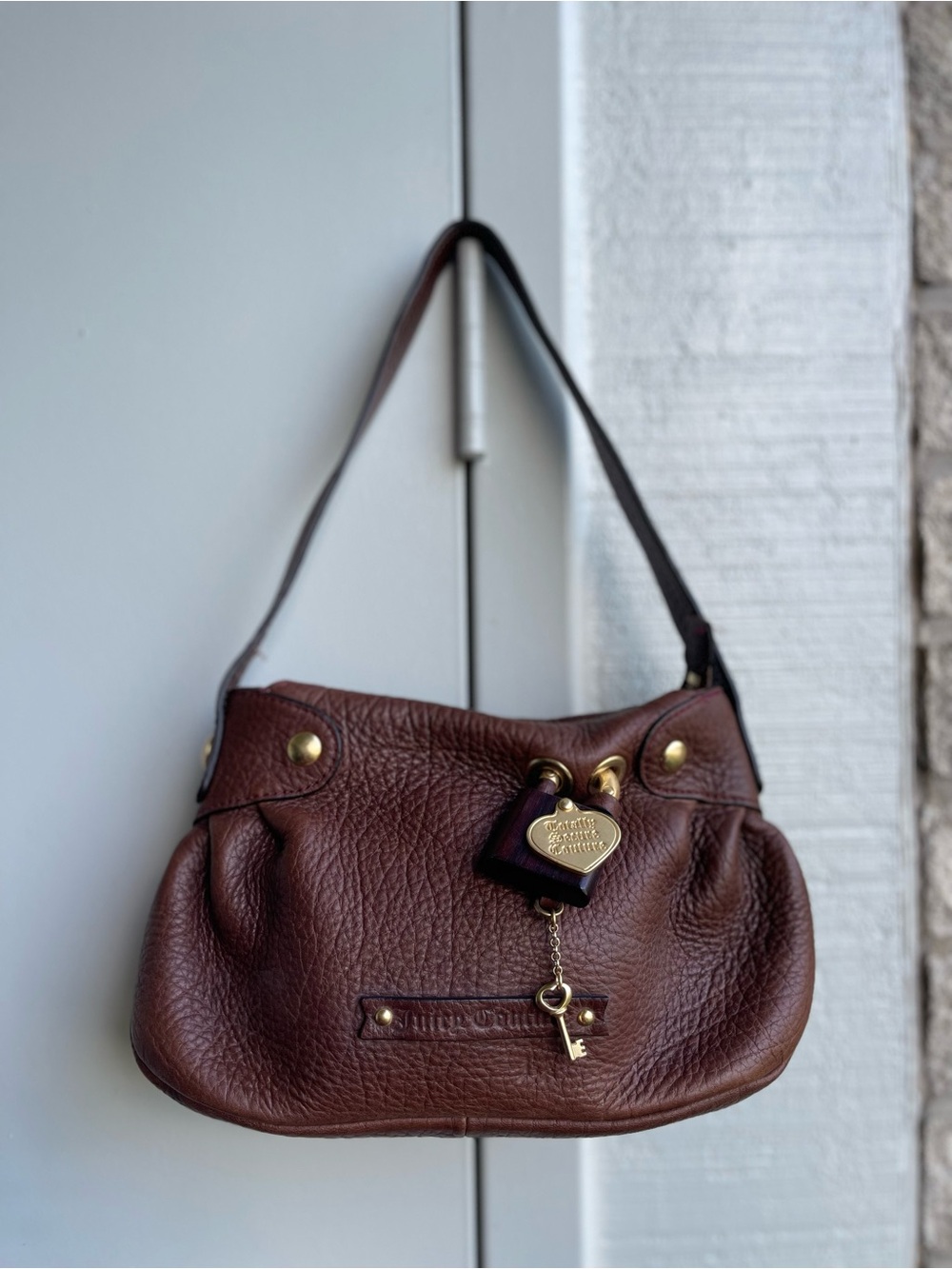 Juicy Couture Chocolate Brown Pebbled Leather Shoulder Bag with Heart Key Charm